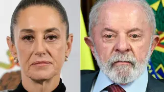 (FILES) (COMBO) This combination of files pictures created on August 28, 2025 shows Mexico's President Claudia Sheinbaum looking in a daily press conference at the National Palace in Mexico City on February 28, 2025, and Brazil's President Luiz Inacio Lula da Silva attending a ministerial meeting at the Planalto Palace in Brasilia on August 26, 2025. Sheinbaum ruled out signing a free trade agreement with Brazil on August 28, 2025, amid pressure on Latin Americas two largest economies from US President Donald Trumps trade policy. (Photo by Evaristo SA and Alfredo ESTRELLA / AFP)