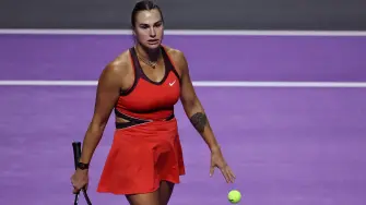 FILE PHOTO: Tennis - WTA Finals - Riyadh - King Saud University Indoor Arena, Riyadh, Saudi Arabia - November 8, 2025 Belarus' Aryna Sabalenka reacts during her final match against Kazakhstan's Elena Rybakina REUTERS/Hamad I Mohammed/File Photo