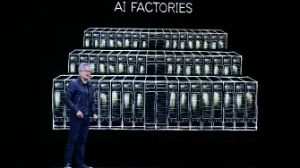 NVIDIA CEO Jensen Huang speaks during the Live Keynote Pregame during the Nvidia GTC (GPU Technology Conference) in Washington, DC, on October 28, 2025. (Photo by Jim WATSON / AFP)