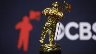 The "Moon Person" trophy is seen in the press room during the MTV Video Music Awards at UBS Arena in Elmont, New York, on September 7, 2025. (Photo by Leonardo Munoz / AFP)