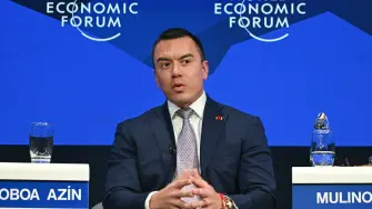 Ecuadors President Daniel Noboa speaks during the World Economic Forum (WEF) annual meeting in Davos on January 20, 2026. The World Economic Forum takes place in Davos from January 19 to January 23, 2026. (Photo by Fabrice COFFRINI / AFP)