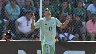 Mexico's forward #17 German Berterame celebrates scoring his team's first goal during the international friendly football match between Bolivia and Mexico at the Ramon Aguilera Costa Stadium in Santa Cruz de la Sierra, Bolivia on January 25, 2026. (Photo by Aizar RALDES / AFP)