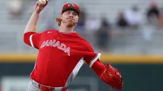 SAN JUAN, PUERTO RICO - MARCH 11: Eric Cerantola #61 of Team Canada delivers a pitch against the Team Cuba in the ninth inning during the 2026 World Baseball Classic at Hiram Bithorn Stadium on March 11, 2026 in San Juan, Puerto Rico.   Al Bello/Getty Images/AFP (Photo by AL BELLO / GETTY IMAGES NORTH AMERICA / Getty Images via AFP)