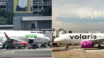 (COMBO) This combination of pictures created on December 19, 2025 shows a plane of Mexico's airline Viva parked in a gate at the Benito Juarez International Airport in Mexico City on July 22, 2025, and a Volaris Airbus 320 airplane sitting on the tarmac at the Benito Juarez International Airport in Mexico City on November 3, 2022. Mexican low-cost airlines Volaris and Viva announced on December 18, 2025 that they will merge to increase their flight capacity, in a deal that, if approved, would result in one of the largest airlines in the country. (Photo by Yuri CORTEZ and Daniel SLIM / AFP)