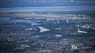 View from the Christ the Redeemer statue showing the Galeao International airport (top) in Rio de Janeiro, Brazil, on December 10, 2025. (Photo by Mauro PIMENTEL / AFP)