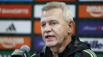 Mexico's head coach Javier Aguirre speaks during a press conference at Soldier Field in Chicago, on March 30, 2026. Mexico is preparing for tomorrow's international friendly match against Belgium, in advance of the 2026 World Cup. (Photo by KAMIL KRZACZYNSKI / AFP)