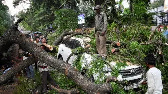 arias personas retiran un árbol caído sobre un coche durante una fuerte tormenta en Prayagraj, en el estado norteño de Uttar Pradesh.