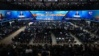 Russian President Vladimir Putin delivers a speech during the plenary session of the St. Petersburg International Economic Forum (SPIEF) in Saint Petersburg on June 5, 2026. (Photo by OLGA MALTSEVA / AFP)