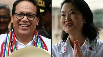 (COMBO) This combination of pictures created on June 07, 2026 shows Peru's presidential candidate Roberto Sanchez, for the Juntos por el Peru party, gesturing as he leaves after an election-day breakfast in Huaral, Lima department, Peru on June 7, 2026, and Peru's presidential candidate Keiko Fujimori, for the Fuerza Popular party, gesturing during an election-day breakfast in San Juan de Lurigancho, northern outskirts of Lima, on June 7, 2026. Ballots are being cast in Peru's too-close-to-call presidential runoff, with crime and political instability dominating a race to choose the country's ninth leader in a decade June 7. (Photo by Connie FRANCE and ERNESTO BENAVIDES / AFP)