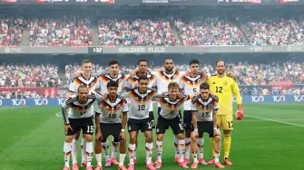 Germany's national team poses for a photo ahead of the international friendly football match between USA and Germany at Soldier Field in Chicago, Illinois, on June 6 2026. (Photo by KAMIL KRZACZYNSKI / AFP)