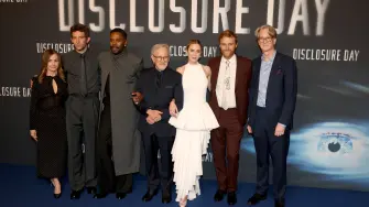 (FILES) (From L) US producer Kristie Macosko Krieger, British actor Josh O'Connor, US actor Colman Domingo, US director Steven Spielberg, British actor Emily Blunt, US actor Wyatt Russel and US writer David Koepp pose upon arrival for the premiere of "Disclosure Day" at the Grand Rex in Paris on June 2, 2026. Disclosure Day is released in French theatres on June 7, 2026. (Photo by Xavier GALIANA / AFP)