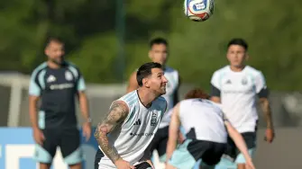 Argentina's forward #10 Lionel Messi looks at the ball in a training session during the 2026 World Cup football tournament at Sporting KC Training Centre in Kansas City on June 24, 2026. (Photo by JUAN MABROMATA / AFP)