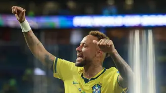 Brazil's forward #10 Neymar reacts after winning the 2026 World Cup Group C football match between Scotland and Brazil at the Miami Stadium in Miami Gardens on June 24, 2026.  (Photo by PATRICIA DE MELO MOREIRA / AFP)