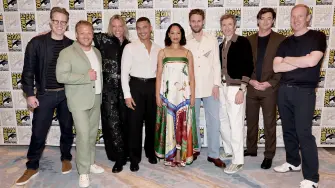 SAN DIEGO, CALIFORNIA - JULY 24: (L-R) JD Payne, Owain Arthur, Jamie Campbell Bower, Ismael Cruz Cordova, Cynthia Addai-Robinson, Charlie Vickers, Daniel Weyman, Benjamin Walker and Patrick Mckay attend Prime Video's 
