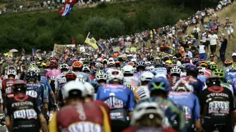 El pelotón de ciclistas recorre la 20.ª etapa de la 113.ª edición del Tour de Francia.