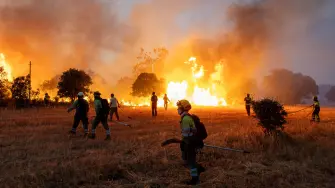 Residentes y bomberos trabajan para extinguir un incendio forestal que avanza cerca de Formariz, en la provincia de Zamora, España.