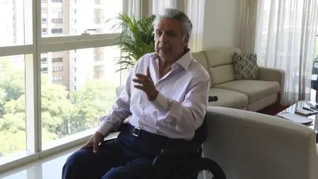 Fomer Ecuadoran President (2017- 2021) and Commissioner for Disability Affairs of the Secretary General of the OAS, Lenin Moreno Garces, speaks during an interview with AFP in Asuncion on February 8, 2022. Moreno settled in Paraguay hired by the OAS to promote and defend policies for disabled people in the southern region of South America. (Photo by NORBERTO DUARTE / AFP)