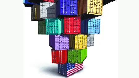 US Trade Pressure and global Economic stress as United states trade war or American tariffs on world trading partners as a cargo freight containers with import and exports as a 3D illustration.