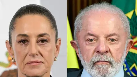 (FILES) (COMBO) This combination of files pictures created on August 28, 2025 shows Mexico's President Claudia Sheinbaum looking in a daily press conference at the National Palace in Mexico City on February 28, 2025, and Brazil's President Luiz Inacio Lula da Silva attending a ministerial meeting at the Planalto Palace in Brasilia on August 26, 2025. Sheinbaum ruled out signing a free trade agreement with Brazil on August 28, 2025, amid pressure on Latin Americas two largest economies from US President Donald Trumps trade policy. (Photo by Evaristo SA and Alfredo ESTRELLA / AFP)