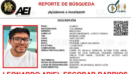 Ficha de la Fiscalía General de Justicia de Nuevo León sobre la desaparición de Leonardo Escobar.