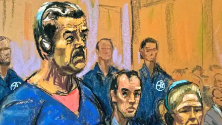 Venezuela's captured President Nicolas Maduro and his wife Cilia Flores attend their arraignment with defense lawyer Mark Donnelly to face U.S. federal charges including narco-terrorism, conspiracy, drug trafficking, money laundering and others, at the Daniel Patrick Moynihan United States Courthouse in Manhattan, New York City, U.S., January 5, 2026 in this courtroom sketch. REUTERS/Jane Rosenberg