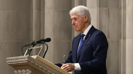 WASHINGTON, DC - MAY 14: Former U.S. President Bill Clinton delivers a tribute during the funeral of former Labor Secretary Alexis Herman at the National Cathedral on May 14, 2025 in Washington, DC. Alexis Herman served as the 23rd Secretary of Labor from 1997 to 2001 under President Clinton and was the first Black woman to hold the position.   Kevin Dietsch/Getty Images/AFP (Photo by Kevin Dietsch / GETTY IMAGES NORTH AMERICA / Getty Images via AFP)