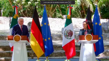 El presidente de alemania, Frank-Walter Steinmeier y la presidenta de México, Claudia Sheinbaum, ofrecieron una conferencia de prensa tras su reunión en el Museo Maya, en Cancún, Quintana Roo.