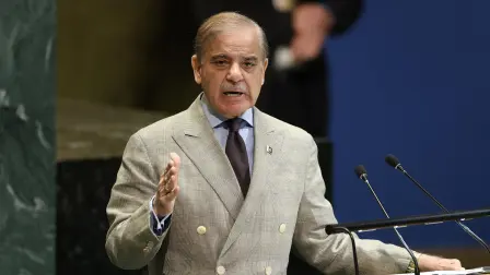Pakistan's Prime Minister Muhammad Shehbaz Sharif speaks during the General Debate of the United Nations General Assembly at UN headquarters in New York City on September 26, 2025. (Photo by ANGELA WEISS / AFP)