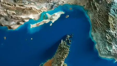 Vista satelital en 3D del estrecho de Ormuz.