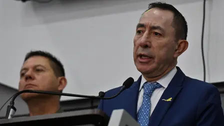 Ecopetrol president Ricardo Roa speaks during a press conference in Bogota on March 10, 2026, where Colombia's Defense Minister Pedro Arnulfo Sanchez presented operational results. (Photo by Diana SANCHEZ / AFP)