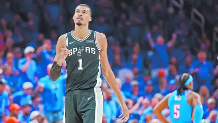 May 18, 2026; Oklahoma City, Oklahoma, USA; San Antonio Spurs center Victor Wembanyama (1) looks on in the third quarter against the Oklahoma City Thunder during game one of the western conference finals for the 2026 NBA playoffs at Paycom Center. Mandatory Credit: Alonzo Adams-Imagn Images