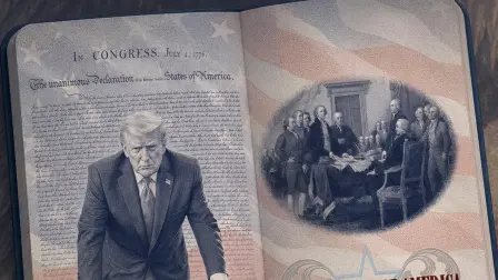 La imagen muestra a un Trump con mirada seria, apoyado en su escritorio, junto a su firma y con el texto de la Declaración de Independencia de fondo.