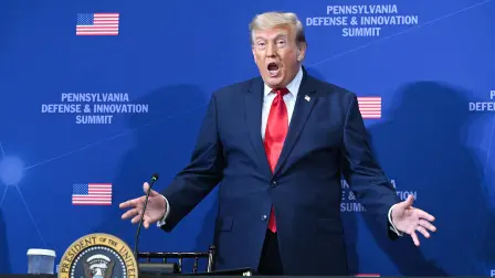 US President Donald Trump gestures as he arrives to speak at the Pennsylvania Defense and Innovation Summit at the US Army War College in Carlisle, Pennsylvania, on July 15, 2026. (Photo by SAUL LOEB / AFP)