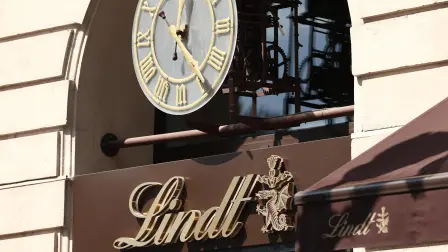 This photograph shows the logo of Lindt, a Swiss chocolatier and confectionery company founded in 1845 and known for its chocolate truffles and chocolate bars, in Paris on July 21, 2026.  (Photo by Xavier GALIANA / AFP)