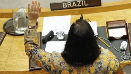 Brazilian Ambassador to the UN Maria Luiza Ribeiro Viotti votes agaisnt broader military and financial sanctions on Iran over its suspect nuclear program during a UN Security Council at the UN headquarters June 9, 2010 in New York. The vote in the 15-member council was 12 in favor, with Lebanon abstaining and Brazil and Turkey voting against. The resolution, co-sponsored by Britain and France with the backing of Russia and China, expands an arms embargo and bans the country from sensitive activities like uranium mining. It authorizes states to conduct high-sea inspections of vessels believed to be ferrying banned items for Iran and adds 40 entities to a list of people and groups subject to travel restrictions and financial sanctions. AFP PHOTO/Emmanuel Dunand (Photo by EMMANUEL DUNAND / AFP)