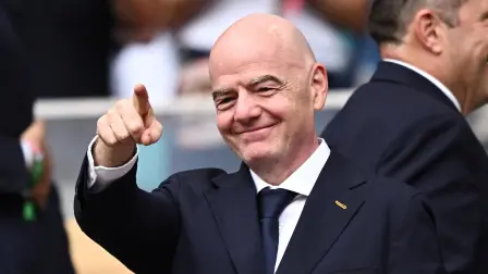 FILE PHOTO: Soccer Football - FIFA World Cup 2026 - Quarter Final - Norway v England - Miami Stadium, Miami Gardens, Florida, U.S. - July 11, 2026 FIFA President Gianni Infantino in the stands before the match REUTERS/Dylan Martinez/File Photo