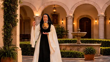 La actriz Alheli Abrego personificando a Sor Juana Inés de la Cruz.