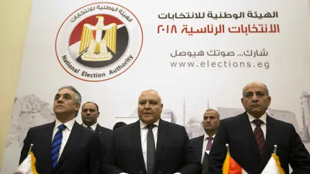 Lasheen Ibrahim - Lasheen Ibrahim, head of the National Electoral Commission, which is in charge of supervising the 2018 Egyptian presidential election, center, and members of the commission prepare to give a press conference at the commission headquarters in Cairo, Egypt, Monday, Jan. 8, 2018.  The commission announced Monday that the presidential election is to be held March 26-28, with the runoff in April. (AP Photo/Amr Nabil)