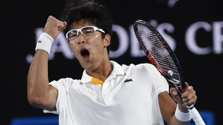 Tennis - Australian Open - Rod Laver Arena, Melbourne, Australia - Tennis - Australian Open - Rod Laver Arena, Melbourne, Australia, January 22, 2018. Chung Hyeon of South Korea reacts during his match against Novak Djokovic of Serbia. REUTERS/Issei Kato