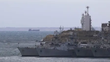 Warships of Ukrainian navy’s fleet, which remained in Crimea after it was annexed by Russia from Ukraine in 2014, moor at Streletskaya Bay in the Black Sea port of Sevastopol