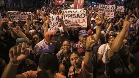 Supporters of former president Luiz Inacio Lula da Silva gather outside the Metallurgical Union, in Sao Bernardo do Campo, Sao Paulo state, Brazil, after judge Sergio Moro issued a warrant to send Lula to prison, on April 05, 2018.Brazil