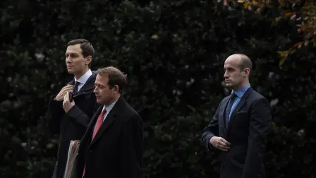 IMMIG-WHITEHOUSE - From left: Senior adviser Jared Kushner, Oval Office operations director Jordan Karem and senior adviser Stephen Miller follow President Trump as he walks from the Oval Office to Marine One on the South Lawn of the White House on Nov. 26, 2018. MUST CREDIT: Washington Post photo by Jabin Botsford.