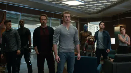 This image released by Disney shows, from left, Jeremy Renner, Don Cheadle, Robert Downey Jr., Chris Evans, Karen Gillan, the character Rocket, voiced by Bradley Cooper, Paul Rudd and Scarlett Johansson in a scene from "Avengers: Endgame." (Disney/Marvel Studios via AP) - AP PROVIDES ACCESS TO THIS THIRD PARTY PHOTO SOLELY TO ILLUSTRATE NEWS REPORTING OR COMMENTARY ON FACTS DEPICTED IN IMAGE; MUST BE USED WITHIN 14 DAYS FROM TRANSMISSION; NO ARCHIVING; NO LICENSING; MANDATORY CREDIT.