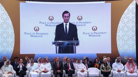 White House senior adviser Jared Kushner speaks at the "Peace to Prosperity" conference in Manama - White House senior adviser Jared Kushner speaks at the "Peace to Prosperity" conference in Manama, Bahrain, June 25, 2019. Peace to Prosperity Workshop/Handout via REUTERS ATTENTION EDITORS - THIS IMAGE WAS PROVIDED BY A THIRD PARTY. NO RESALES. NO ARCHIVES. - 3TP NARCH/NARCH30
