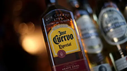 Bottles of Jose Cuervo Tequila rest on a shelf in Mexico City