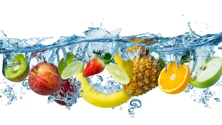 fresh multi fruits splashing into blue clear water splash healthy food diet freshness concept isolated white background