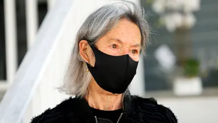 American poet Gluck reacts after winning the 2020 Nobel Prize for Literature in Cambridge