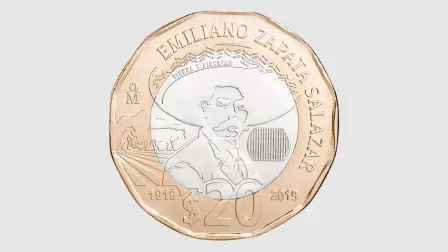 Moneda de 20 pesos, conmemorativa del centenario de la muerte del general Emiliano Zapata Salazar. Foto: Banxico.