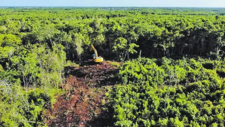 FELIPE CARRILLO PUERTO, QUINTANA ROO, 01OCTBRE2022.- Tramo 6 se encuentra ubicada selva adentro a la entrada de la Comunidad X-Hazil, 20 kilÛmetros al sur de Felipe Carrillo Puerto.  En este punto, la maquinaria ya est· abriendo camino entre la selva en un recorrido de unos 200 kilÛmetros de Tulum a Chetumal, atravesando la Zona Maya de Quintana Roo. Sin embargo, las m·quinas no han podido avanzar debido a que los propietarios de los predios por donde va a pasar la vÌa fÈrrea a˙n est·n en proceso de liquidaciÛn.FOTO: ELIZABETH RUIZ/CUARTOSCURO.COM