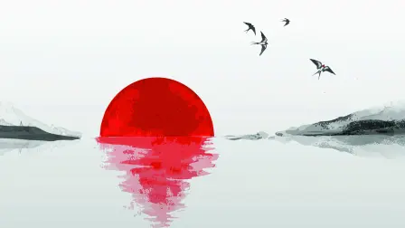 Distant mountains, sunrise sun reflecting in water and small swallow birds in the sky. Traditional oriental ink painting sumi-e, u-sin, go-hua. Hieroglyph - spirit.